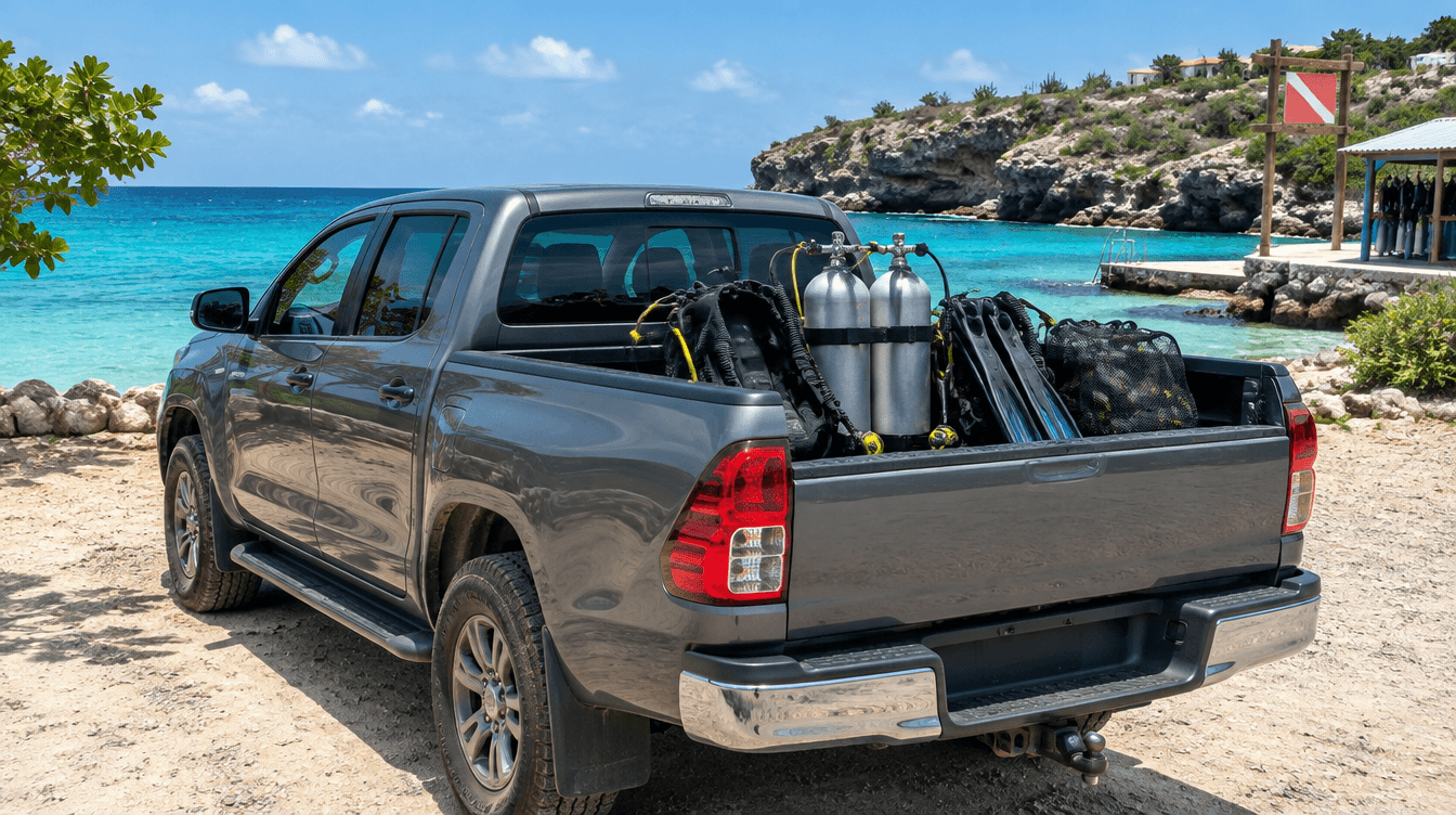 Toyota Hilux pickup met duikuitrusting op een strand in CuraƧao