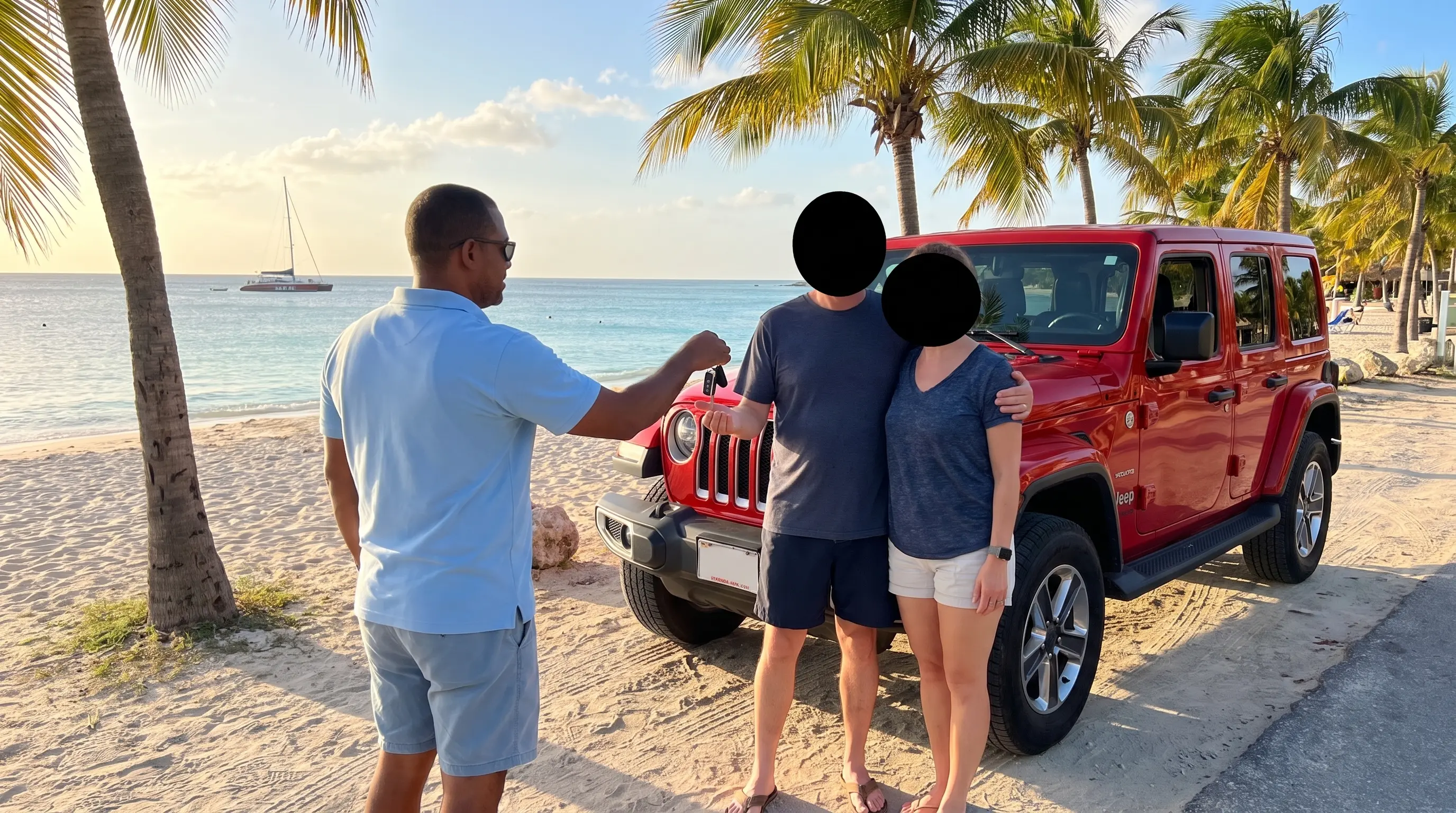 Local rental owner hands over car keys to a couple beside a red Jeep at Palm Beach, Aruba