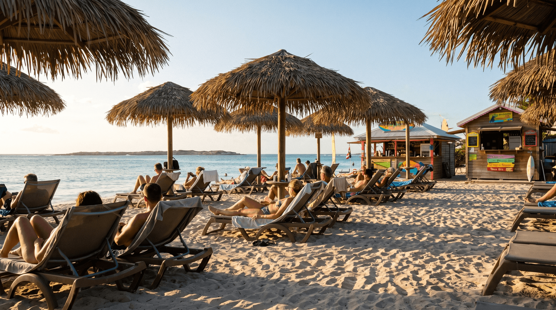 Beachgoers on loungers facing the calm water at Orient Bay in Saint Martin