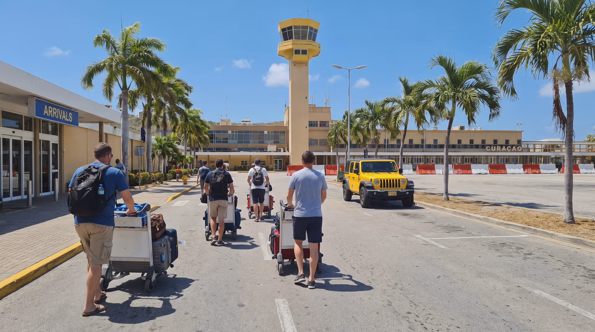 Travelers with luggage walking toward a yellow Jeep outside Curaçao airport arrivals