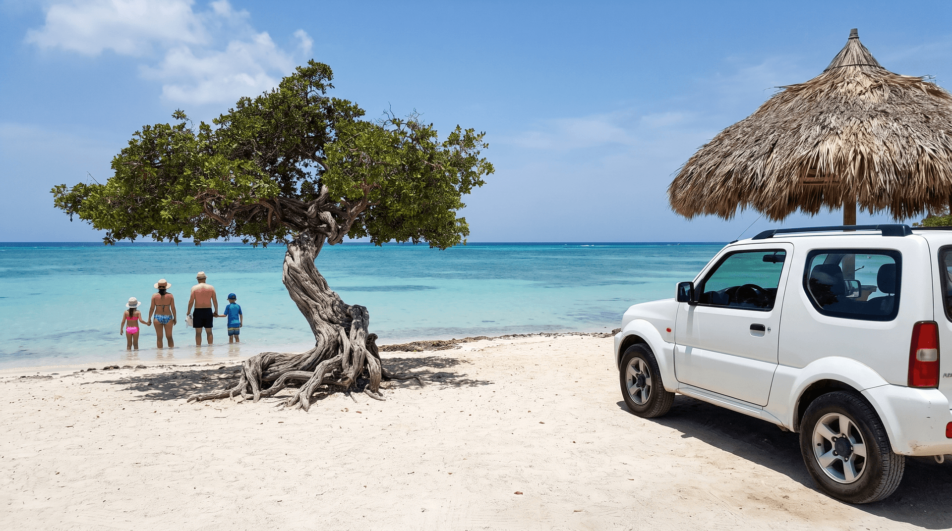 Una familia con sombrilla y bolso espera junto a un SUV blanco en el estacionamiento de Baby Beach, en la punta sur de Aruba