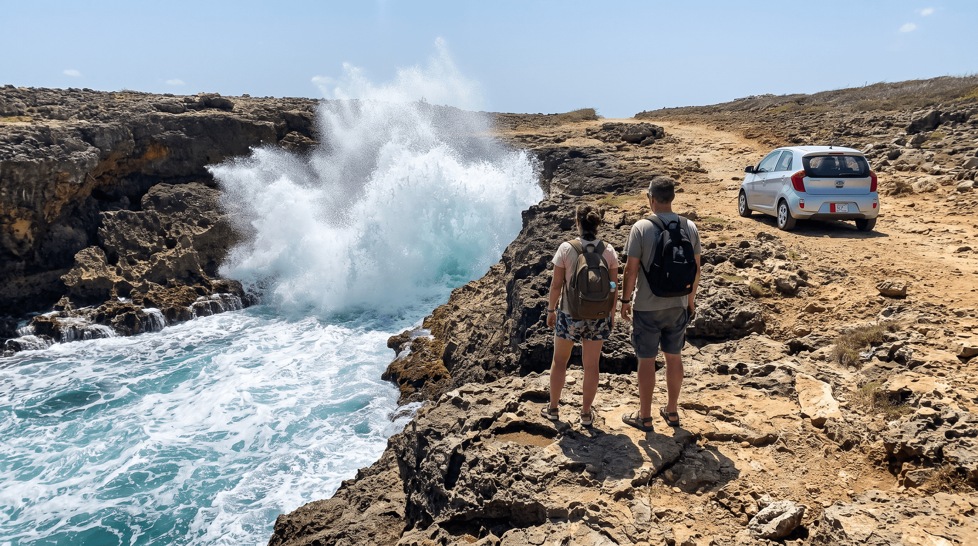 Dos visitantes miran las olas desde lejos en el Parque Shete Boka con un auto de alquiler detrás