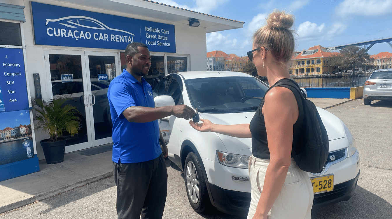 Local rental agent handing over car keys to a tourist outside a small car rental office in Willemstad, Curaçao