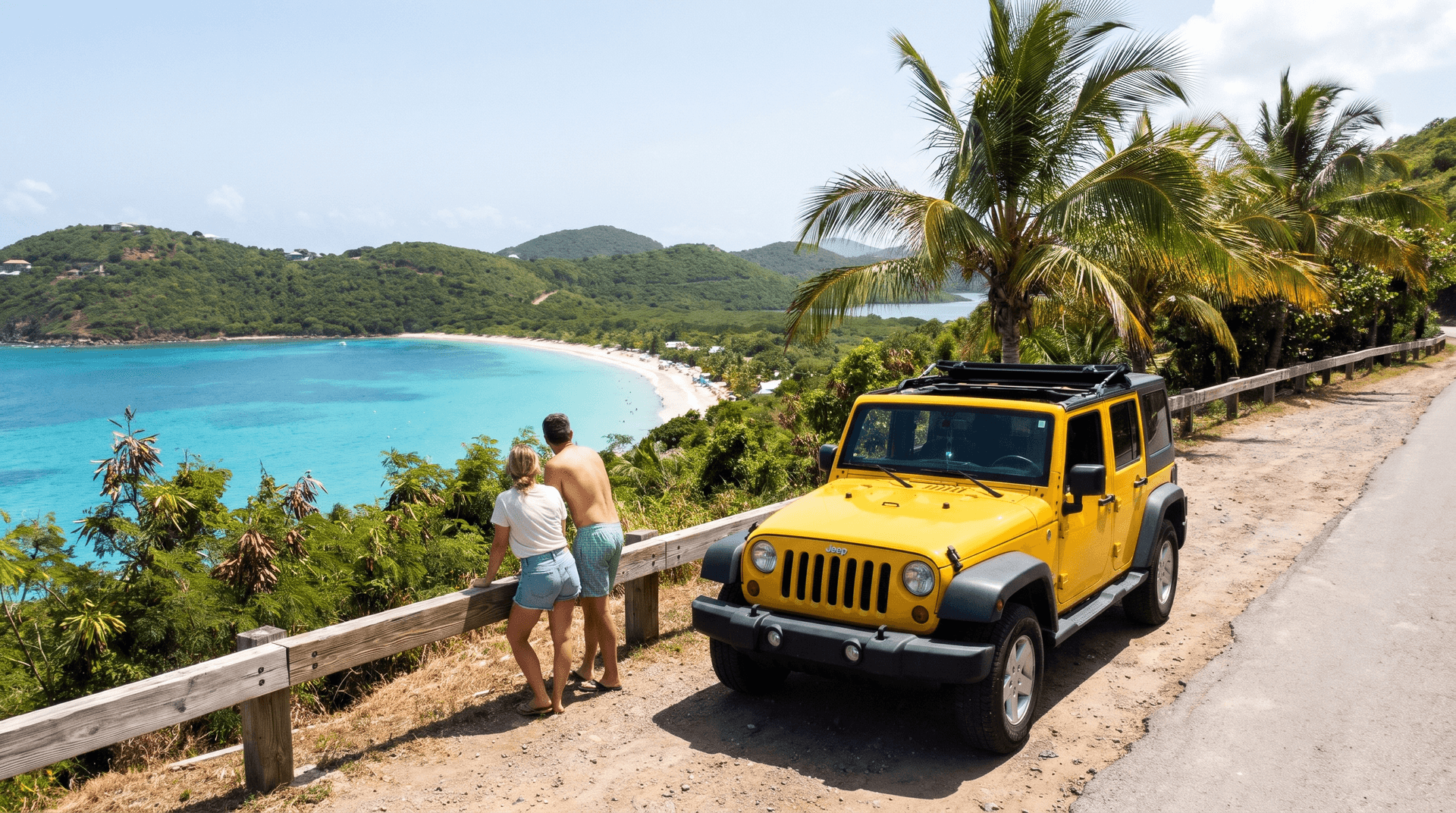 Gele Jeep geparkeerd op een uitkijkpunt boven een baai op Saint-Martin, een stel kijkt over de reling