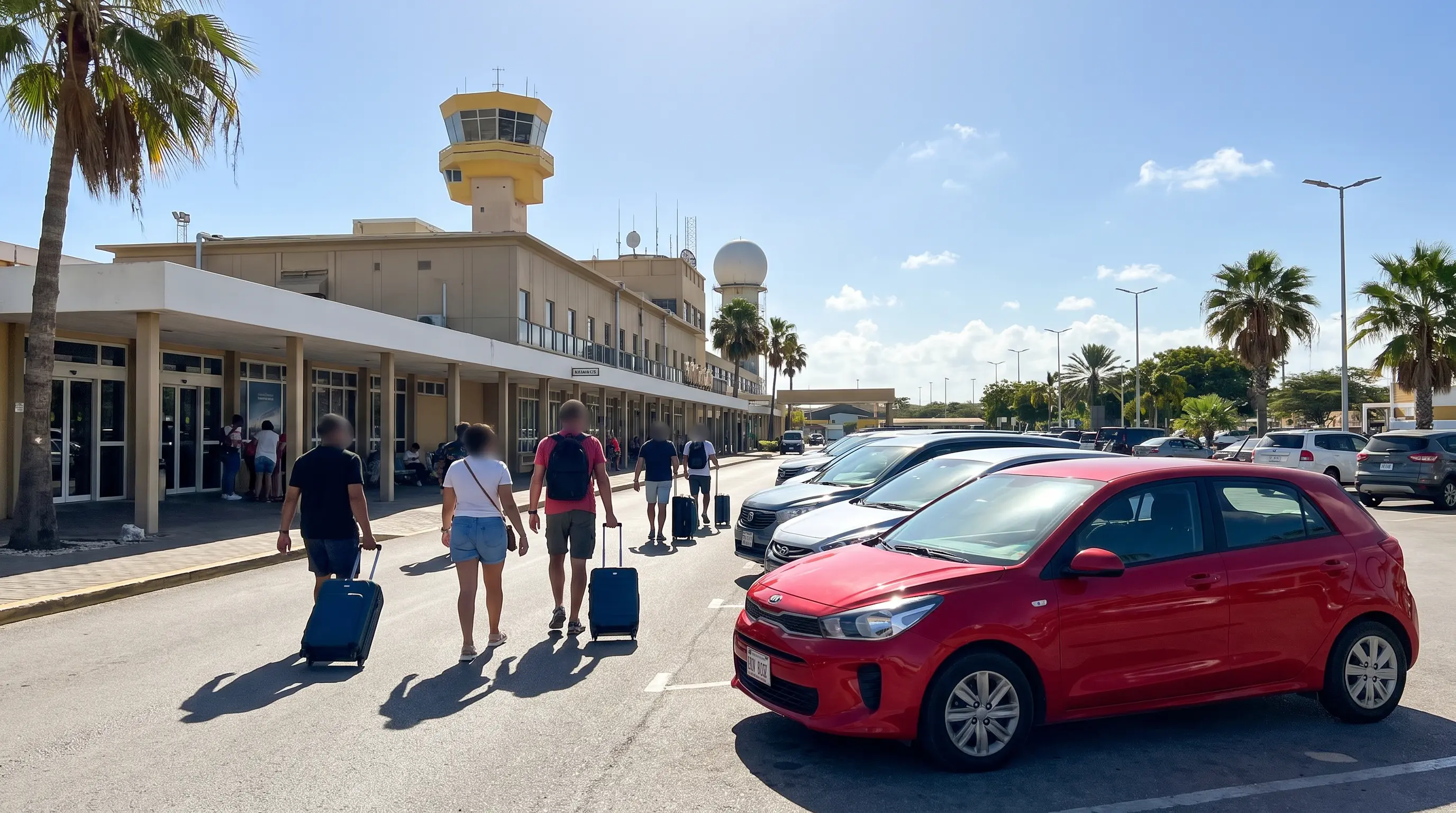 Reisende gehen mit Koffern am Flughafen Hato auf Curaçao zu den Mietwagen