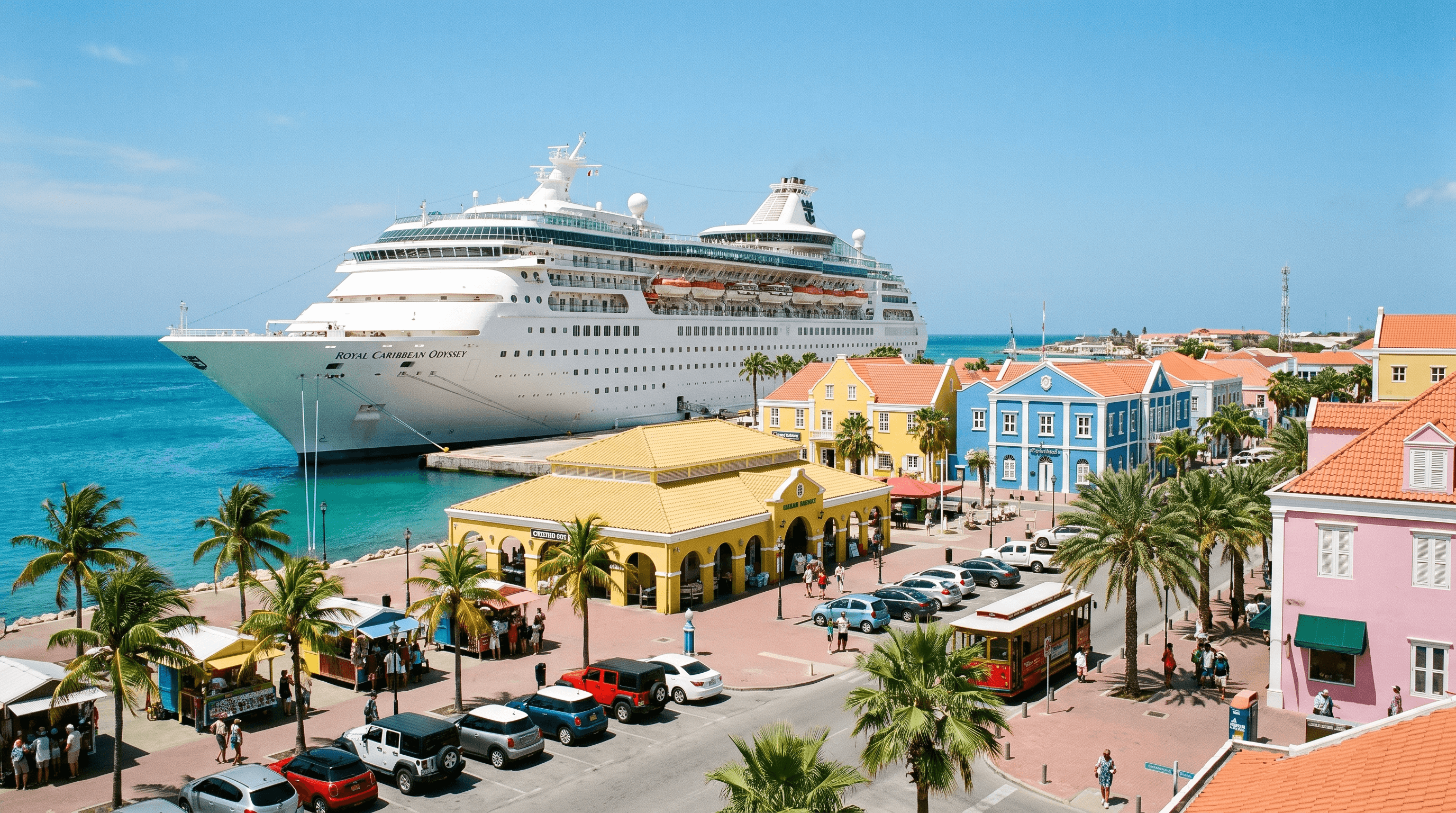 Cruise ship docked at the Oranjestad, Aruba harbor with colorful waterfront buildings