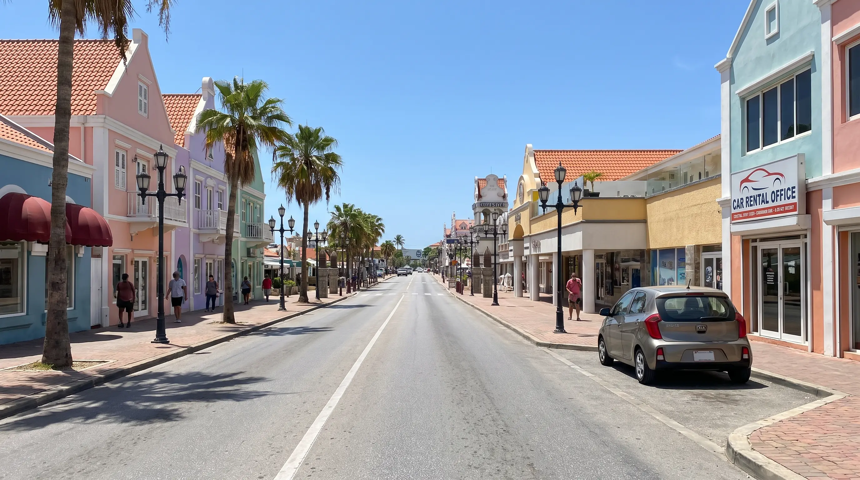 Colorful main street in Oranjestad, Aruba with a small local rental storefront