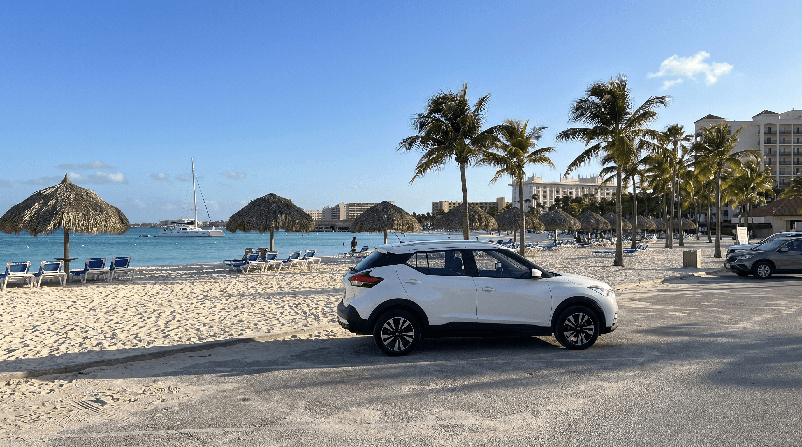 Witte huurauto geparkeerd bij Palm Beach op Aruba met palmbomen en kalm turquoise water