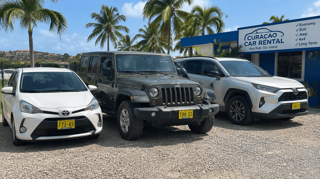 Rij met verschillende huurauto's - een compacte auto, een Jeep en een SUV - naast elkaar geparkeerd bij een lokale autoverhuurder op CuraƧao