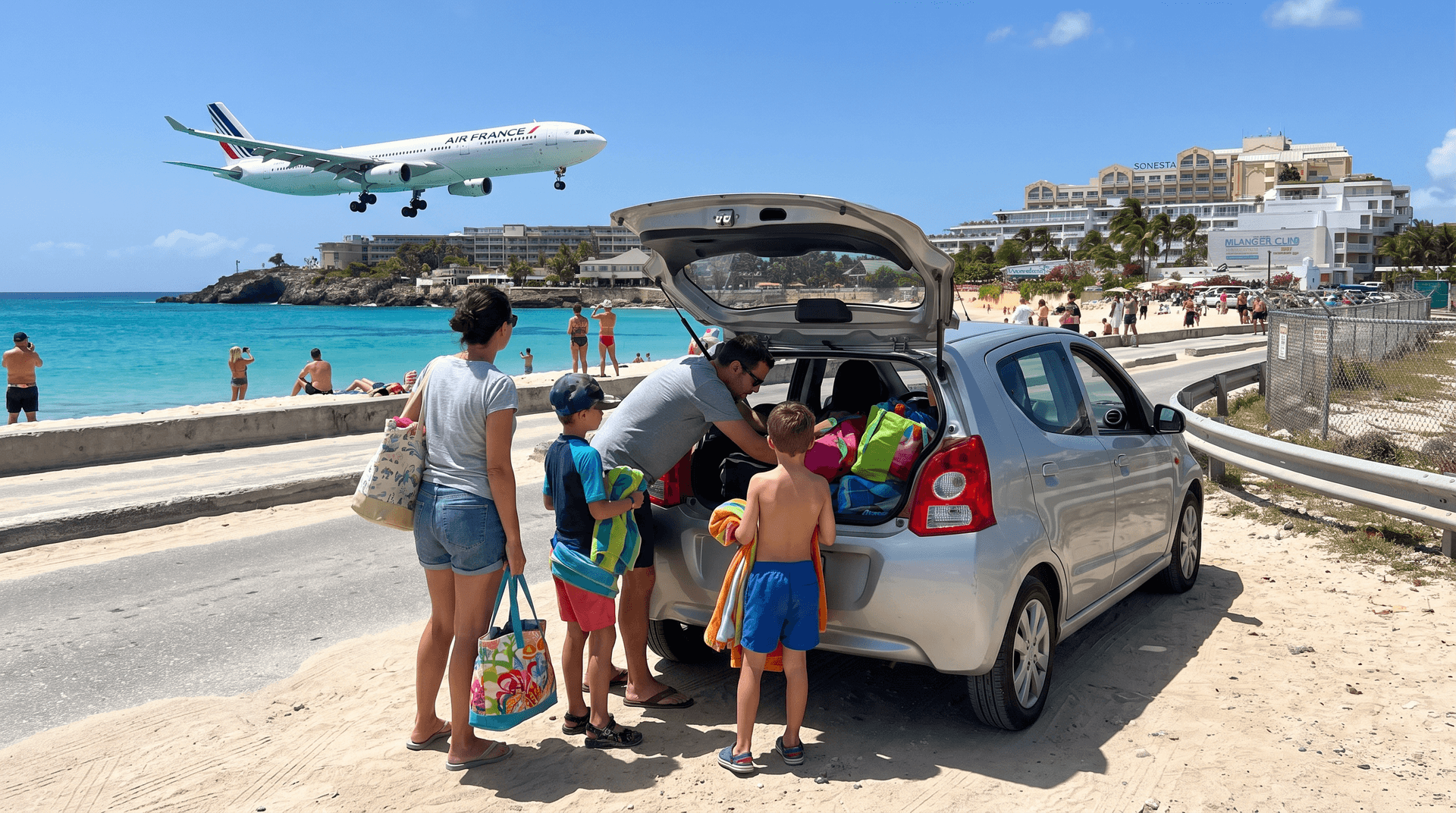 Family unloading beach bags from a silver hatchback at Maho Beach as a plane lands
