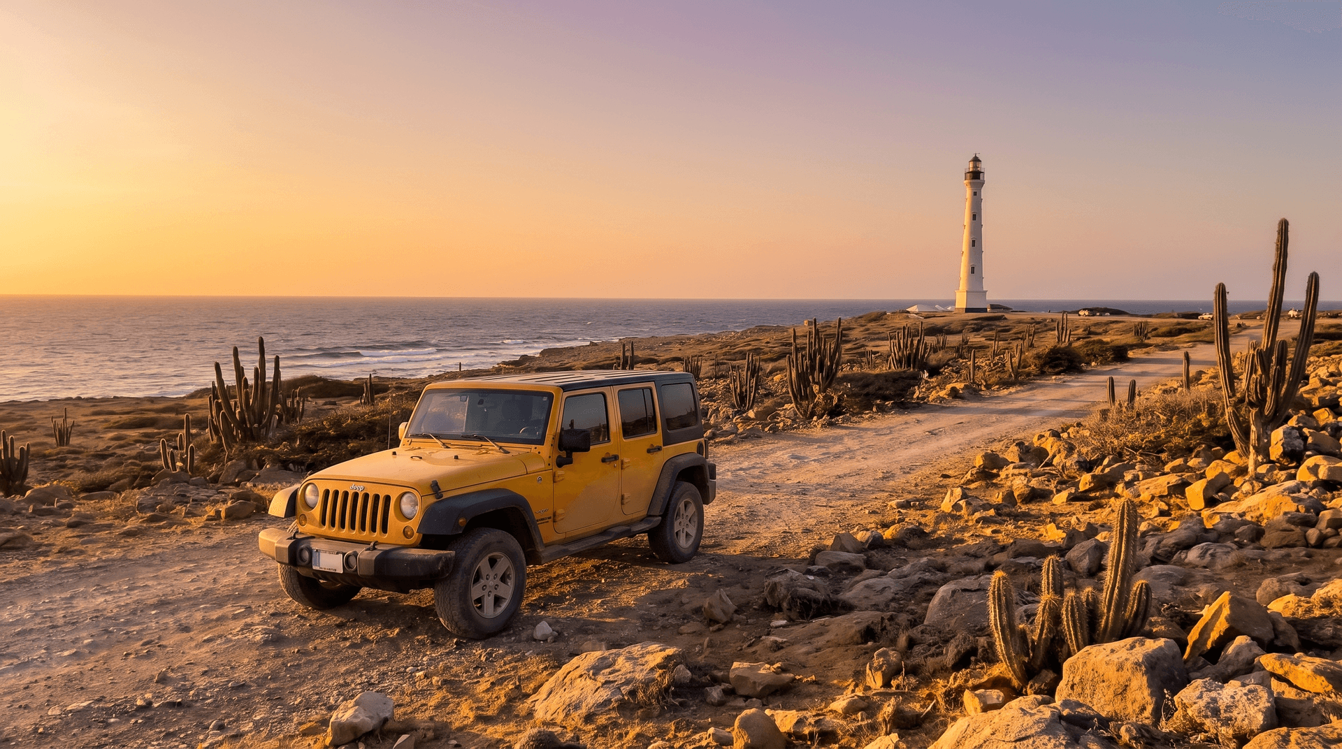 A yellow Jeep parked on the rocky coast road near the California Lighthouse in Aruba
