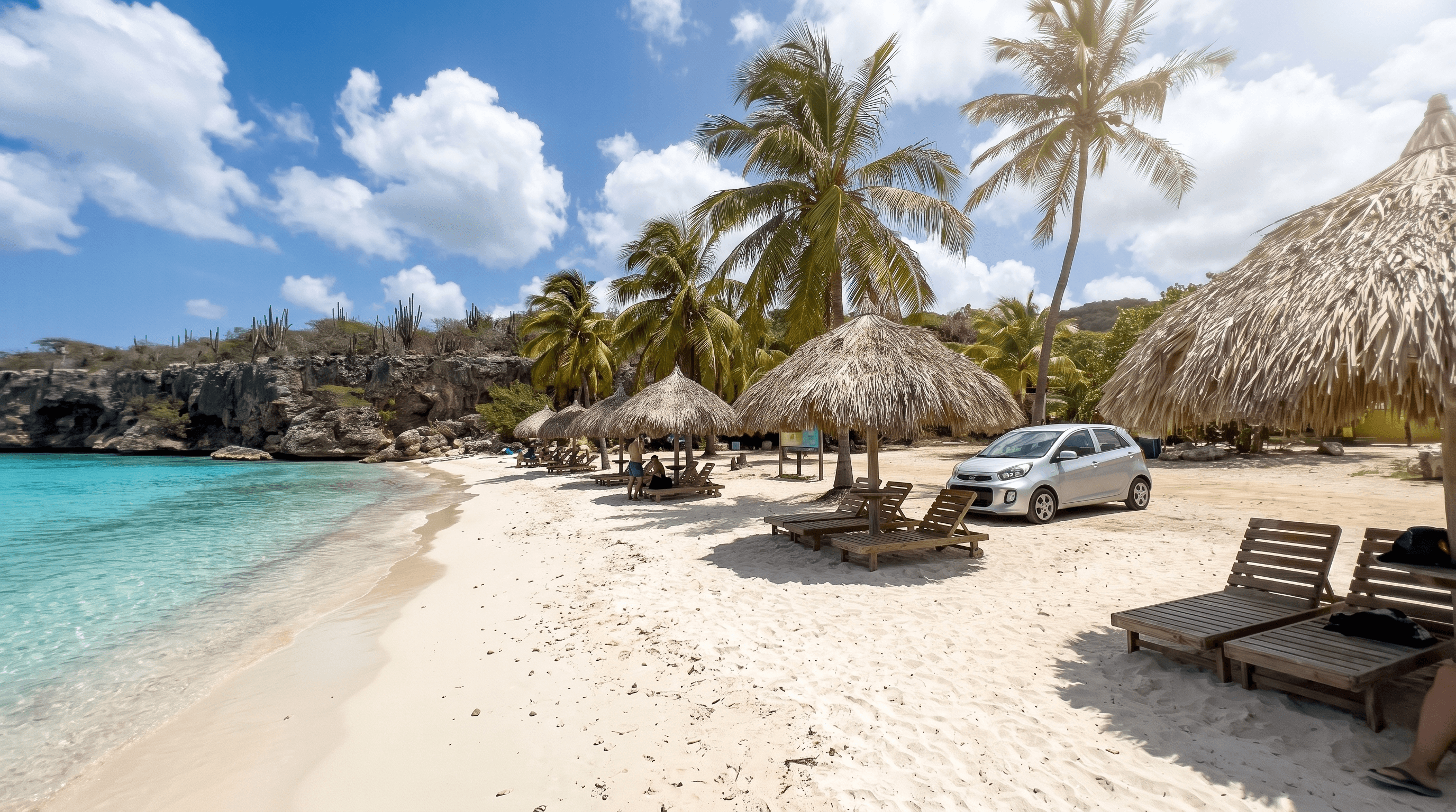 Auto de alquiler estacionado junto a la arena blanca de Playa Cas Abao en Curazao