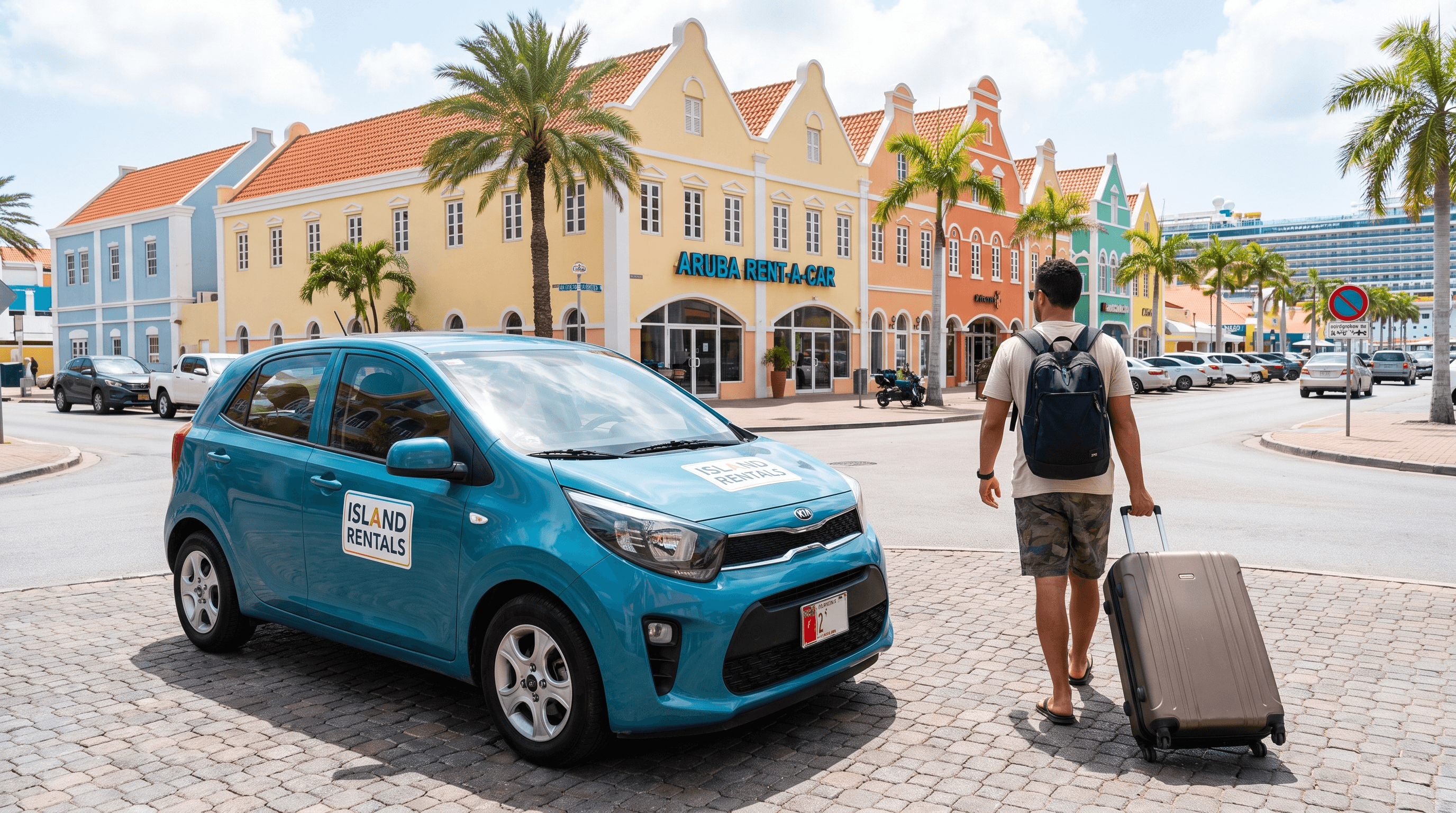 Traveler with a rolling suitcase walking toward a teal rental car outside a small local rental storefront on a colorful street in Oranjestad, Aruba