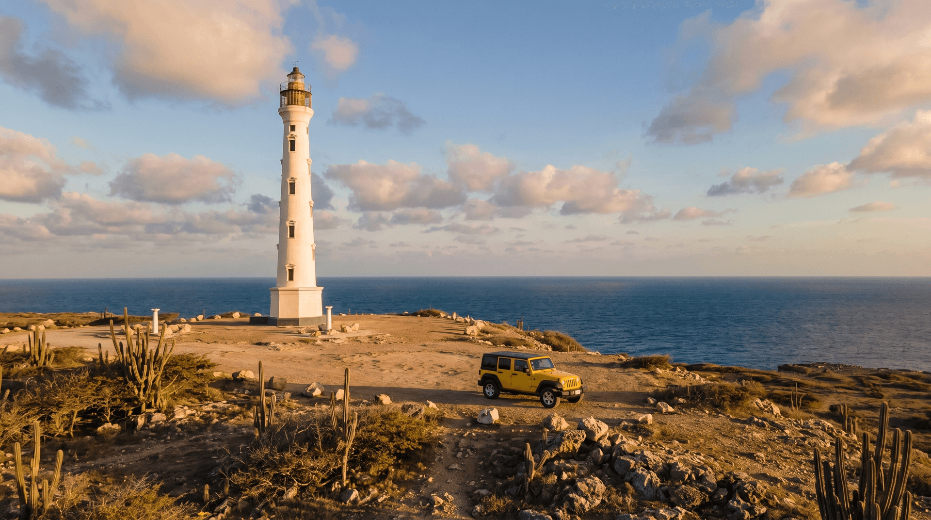 Yellow Jeep parked below the California Lighthouse on Aruba's northwest tip at sunset, with cactus and ocean views