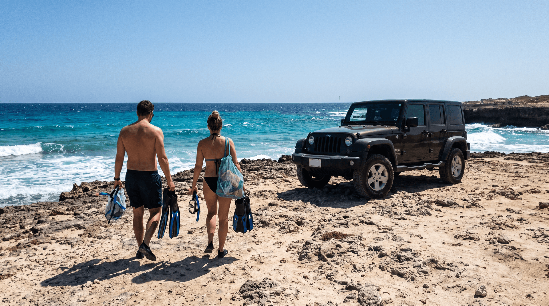 Couple with snorkel gear walks to Playa Chikitu in Washington Slagbaai National Park where a green Jeep is parked