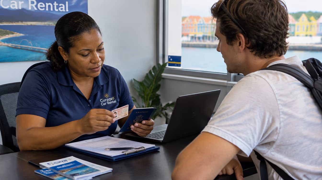 A rental agent checking a young traveler's driver's license and passport at a small desk in Curaçao