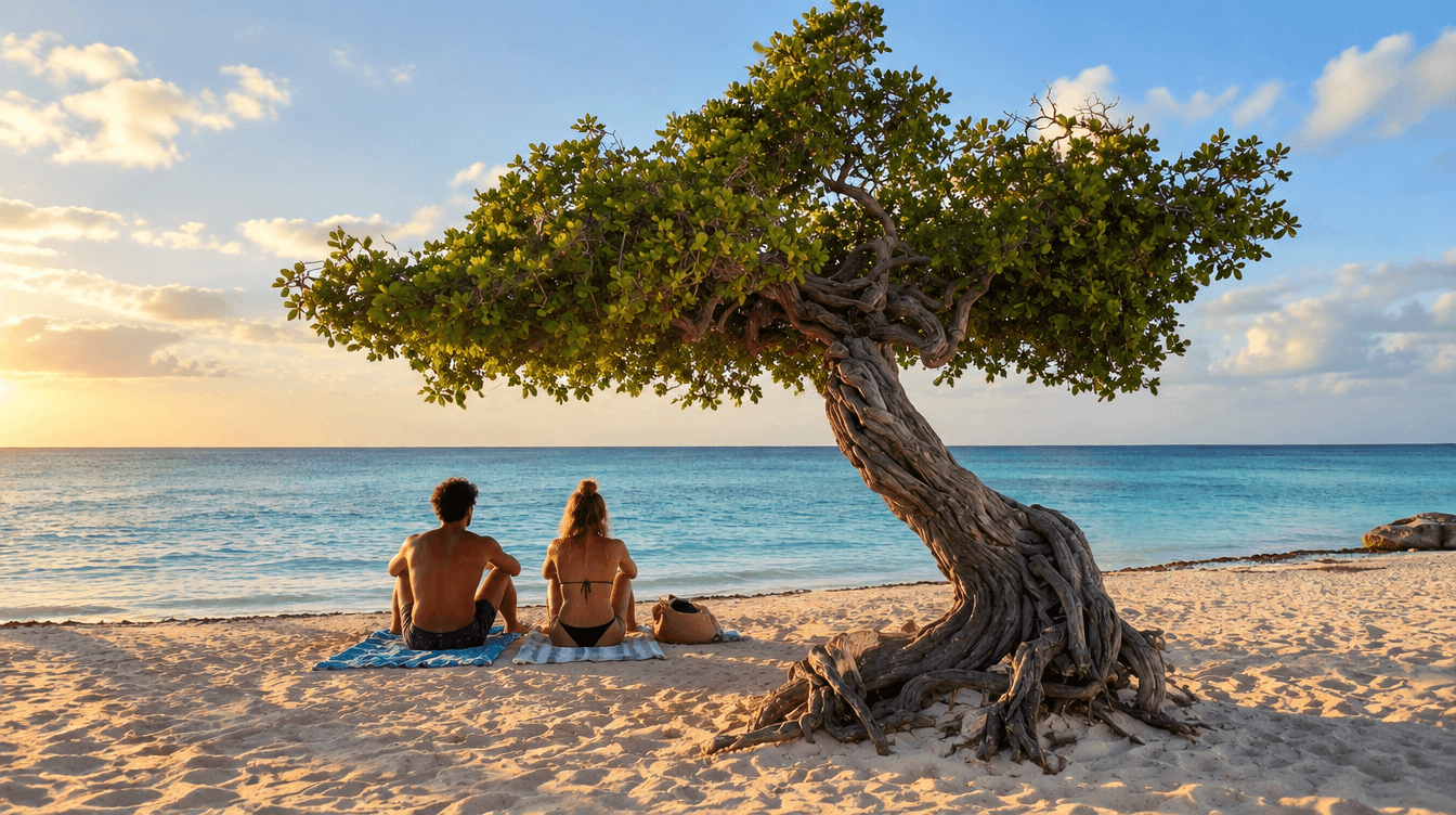 Twee mensen zitten in de schaduw van een fofoti-boom op Eagle Beach op Aruba