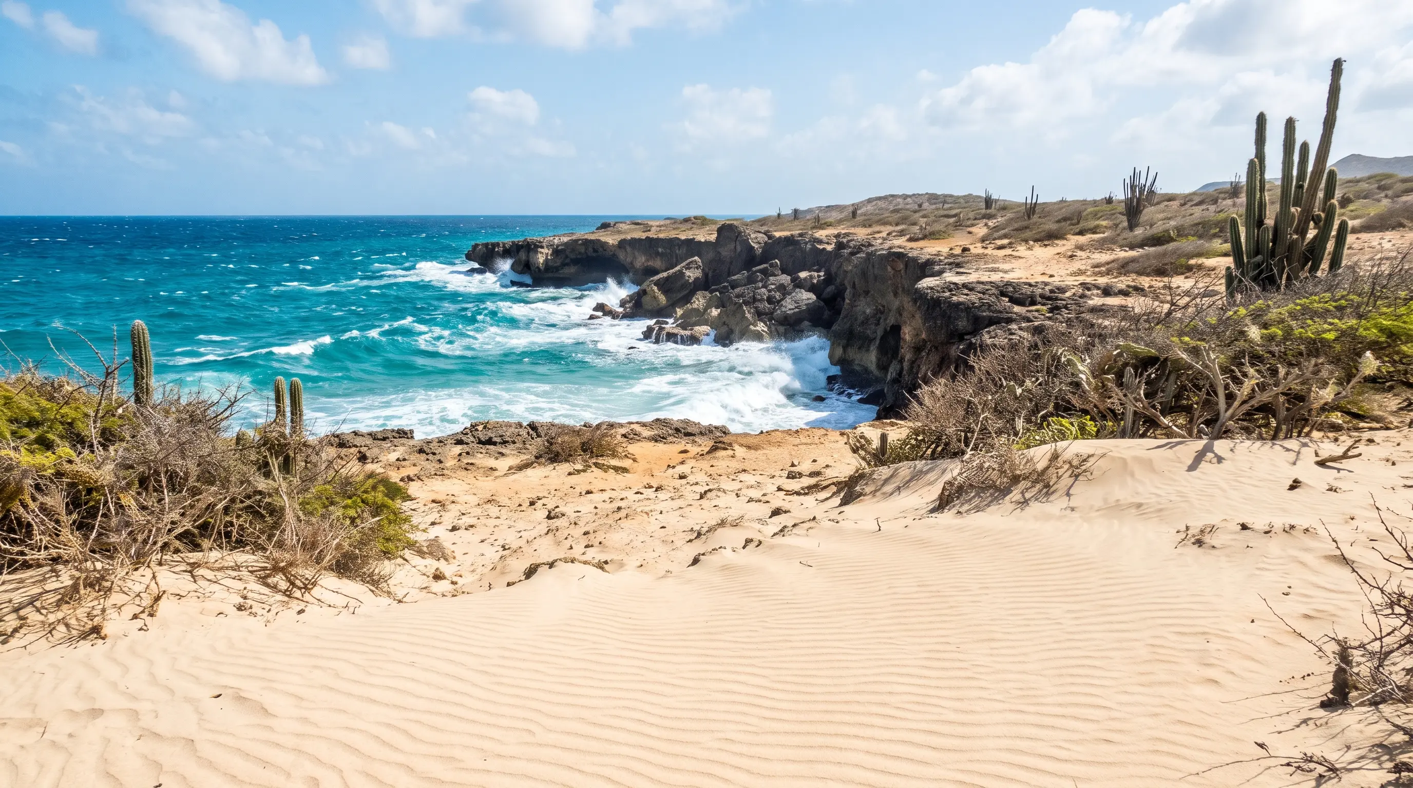 Dunas y costa agreste en Boca Prins, dentro del Arikok National Park, Aruba