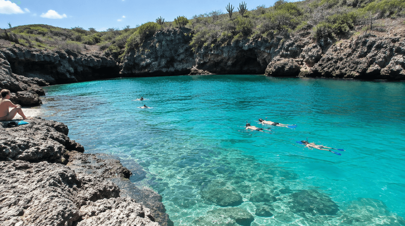 Director's Bay op CuraƧao, een rustige baai met kalm turquoise water en kalkstenen kliffen, snorkelaars in het water