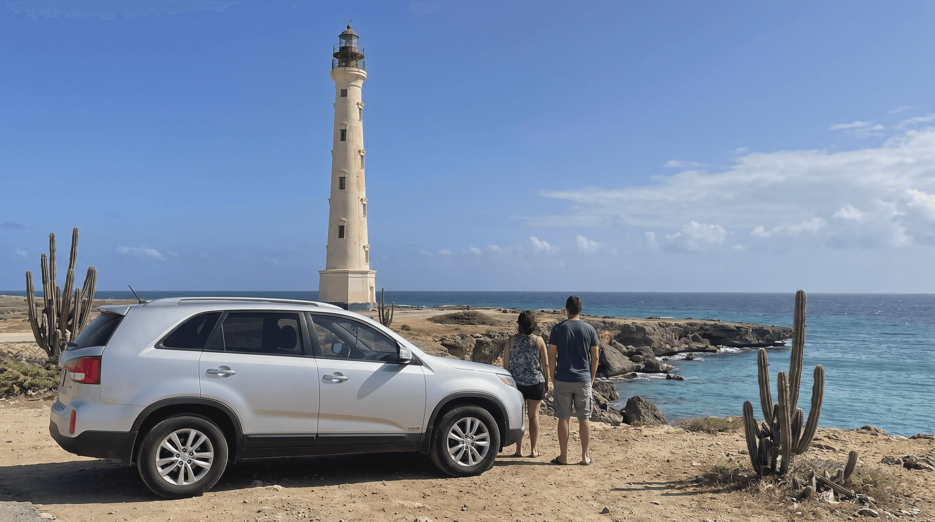 Twee reizigers staan naast een zilveren SUV en kijken naar de California Lighthouse op Aruba