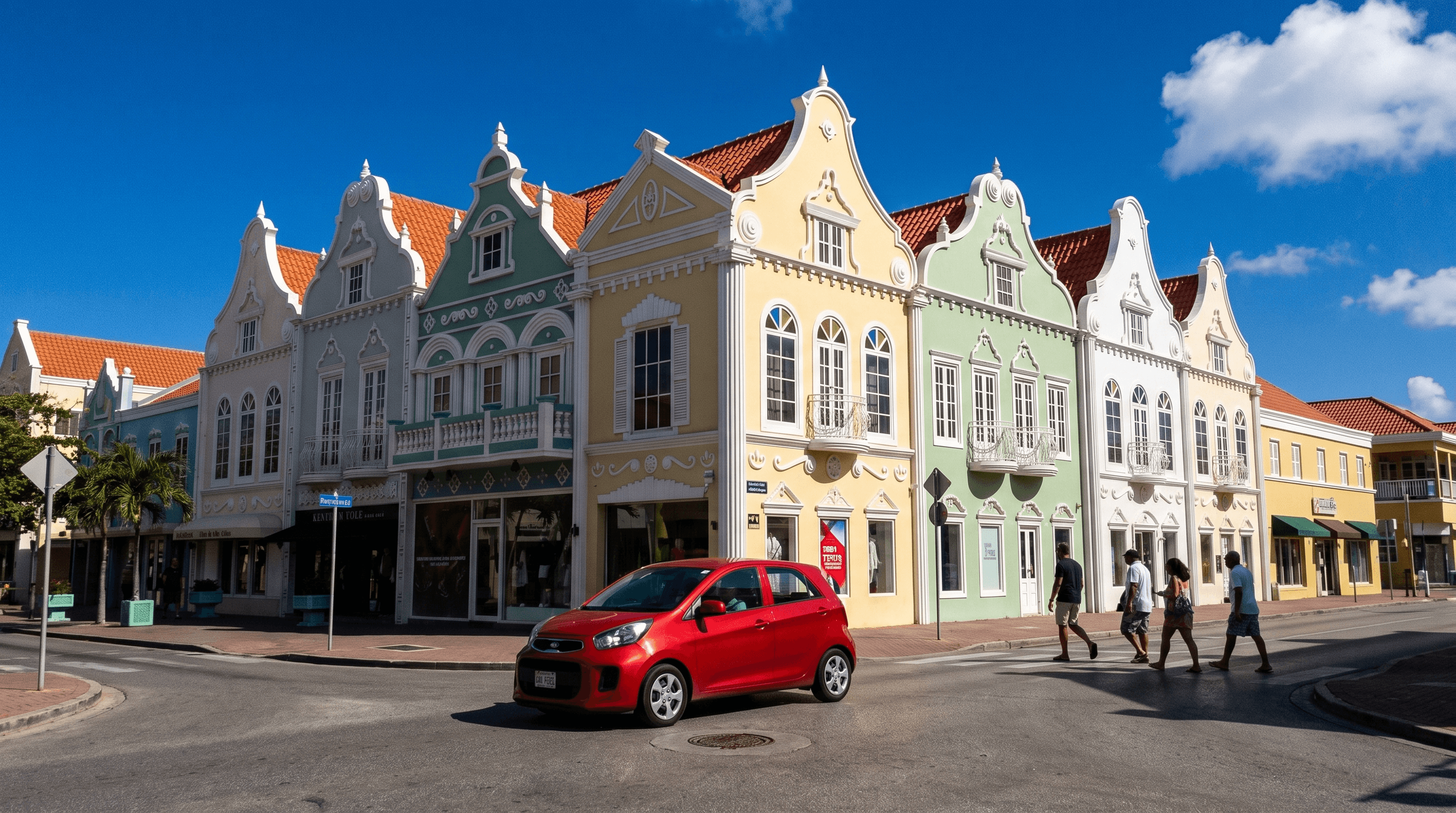 Rode huurauto bij een rotonde langs de koloniale gevels van Oranjestad op Aruba