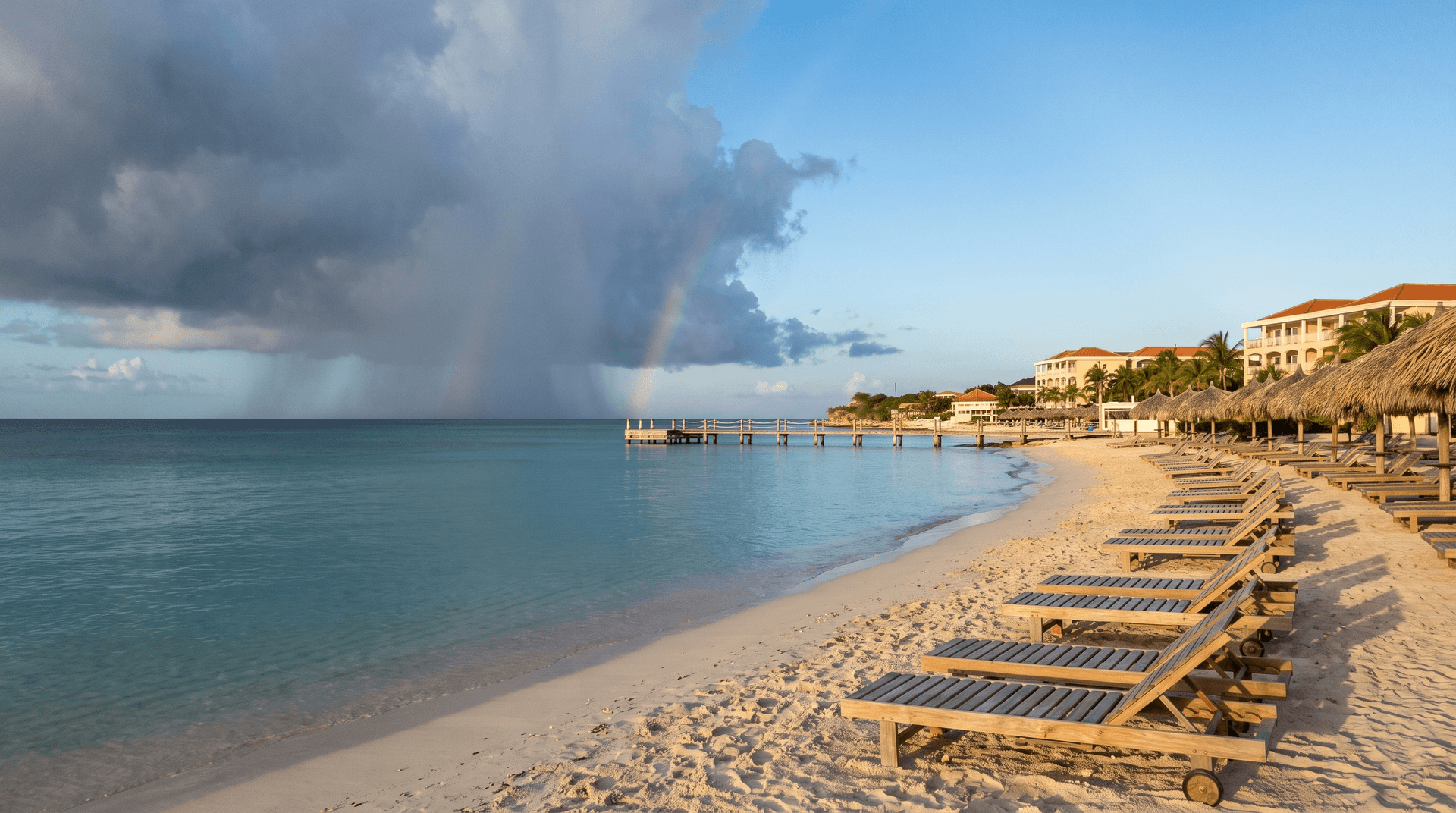 Jan Thiel strand op Curaçao in de ochtend met een regenbui in de verte