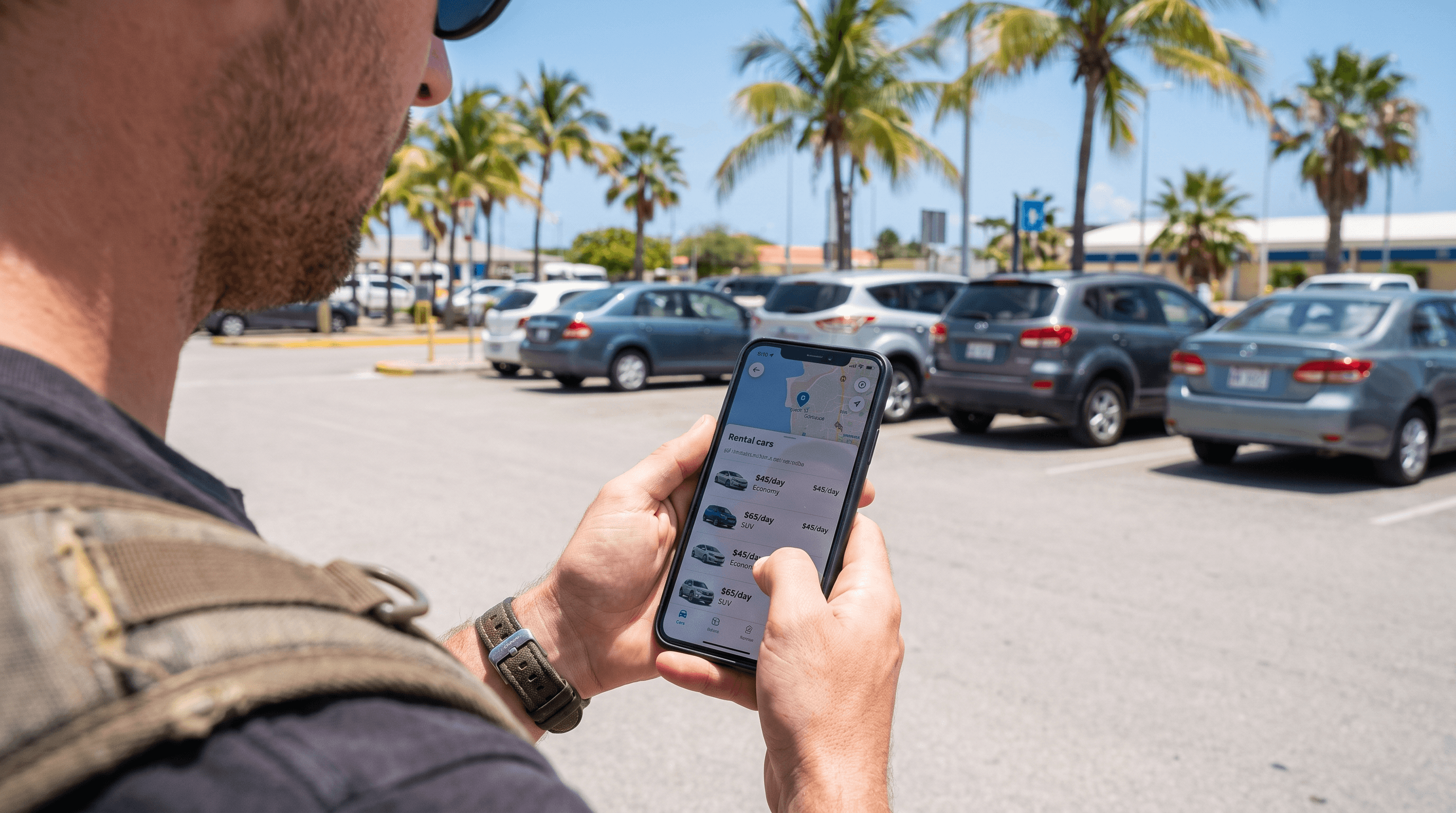 Traveler's phone showing a car rental comparison app with multiple listings, rental cars visible in the airport parking lot behind