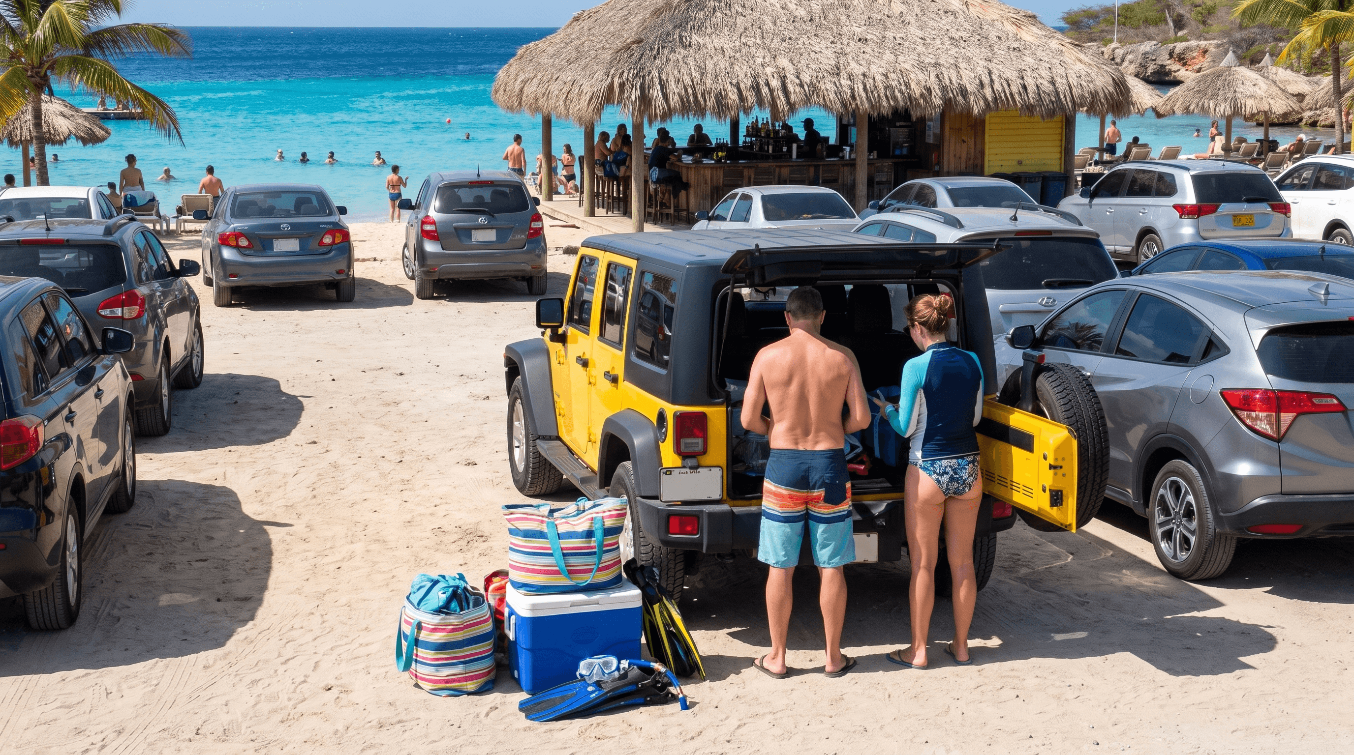 Gele Jeep met open kofferbak op de parkeerplaats van Jan Thiel beach op CuraƧao tijdens de kerstvakantie