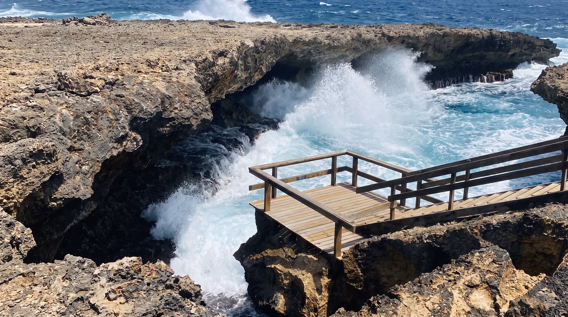Woeste golven slaan tegen de rotsachtige noordkust bij Shete Boka op Curaçao