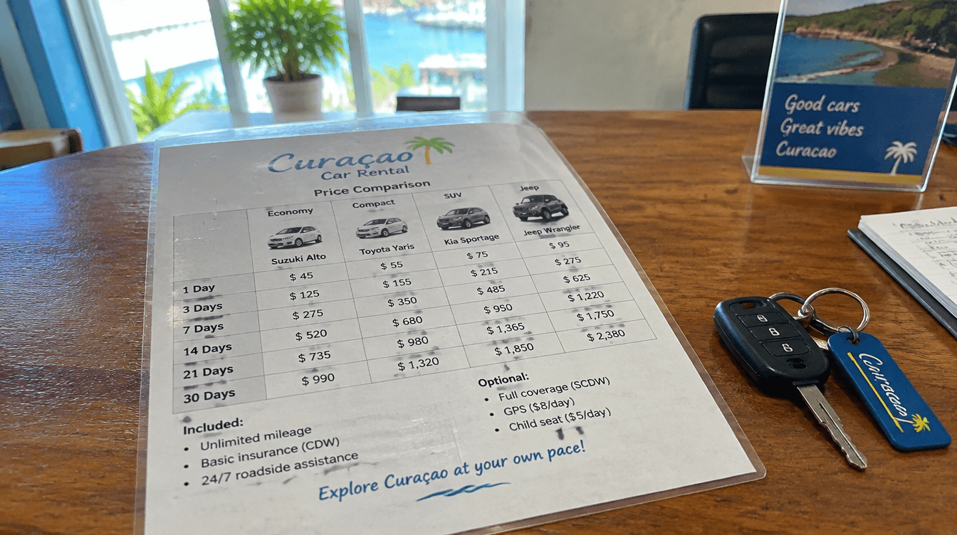 Printed price comparison sheet and car keys on a wooden counter at a small local car rental office in Curaçao