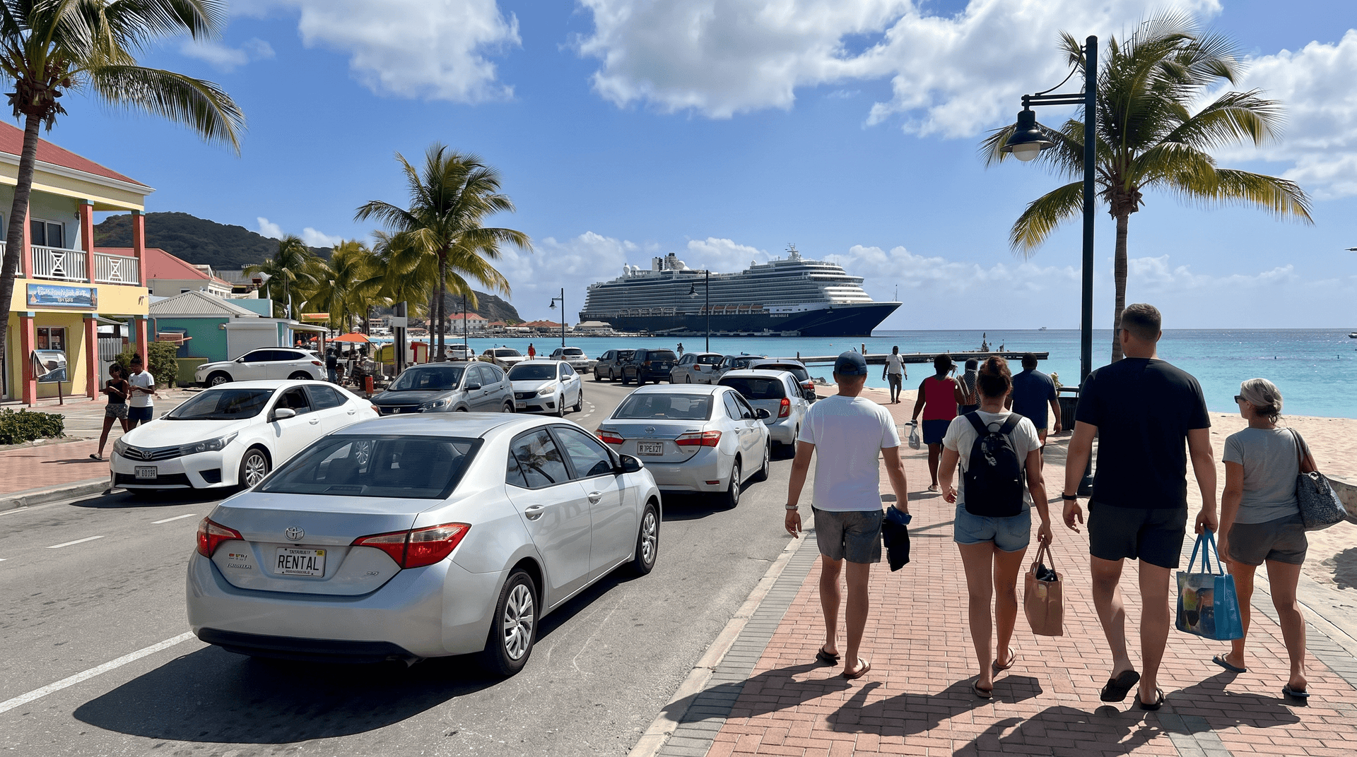 Slow traffic and a silver rental car on the Great Bay waterfront in Philipsburg, Sint Maarten