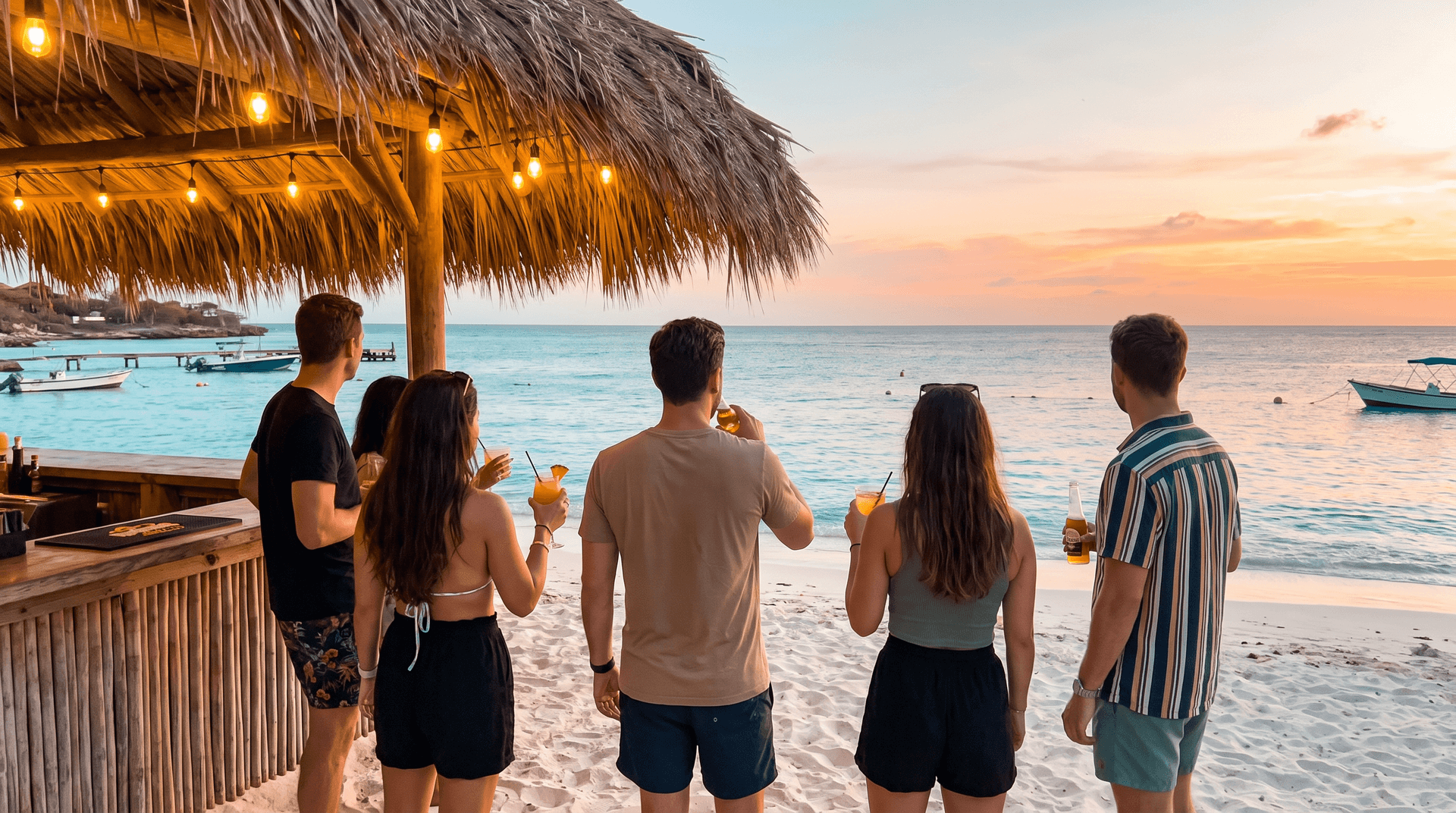 Vrienden bij een strandbar op Jan Thiel op Curaçao tijdens het gouden uur