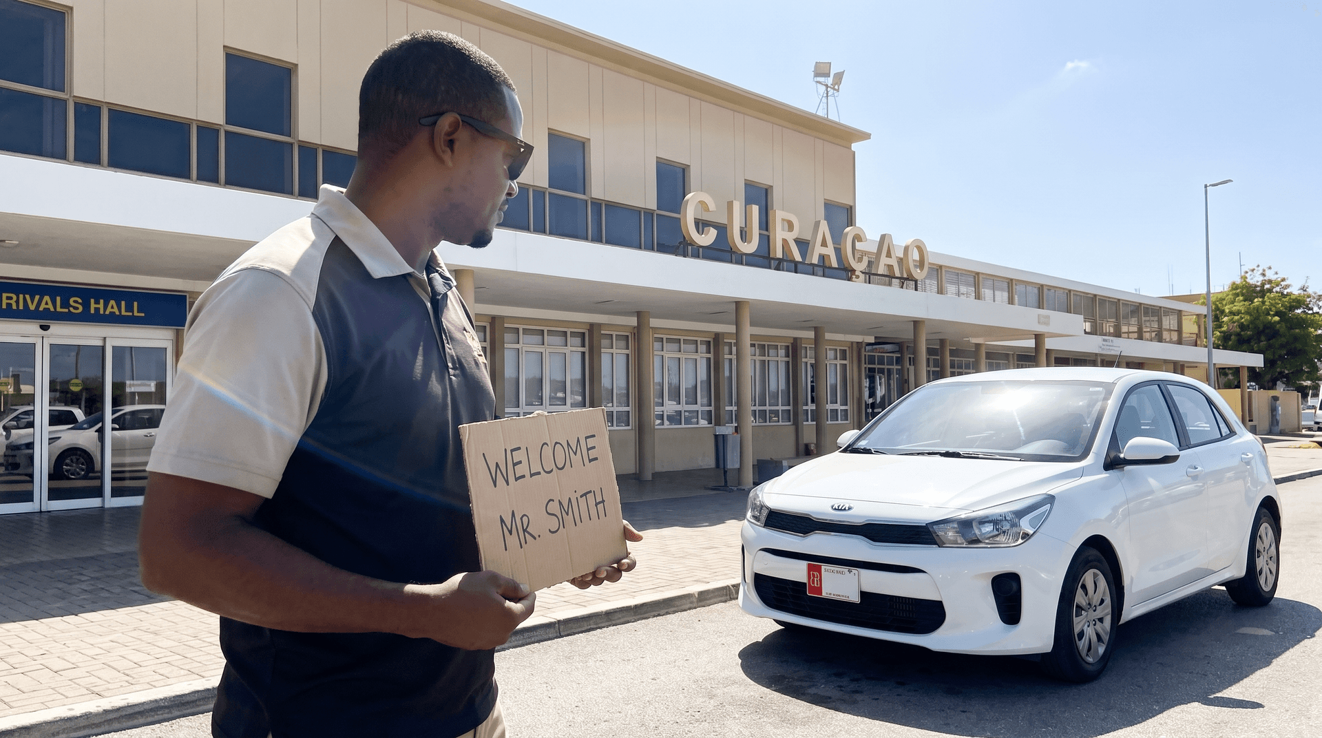 Lokale verhuurder wacht met naambordje bij de aankomsthal van CuraƧao International Airport