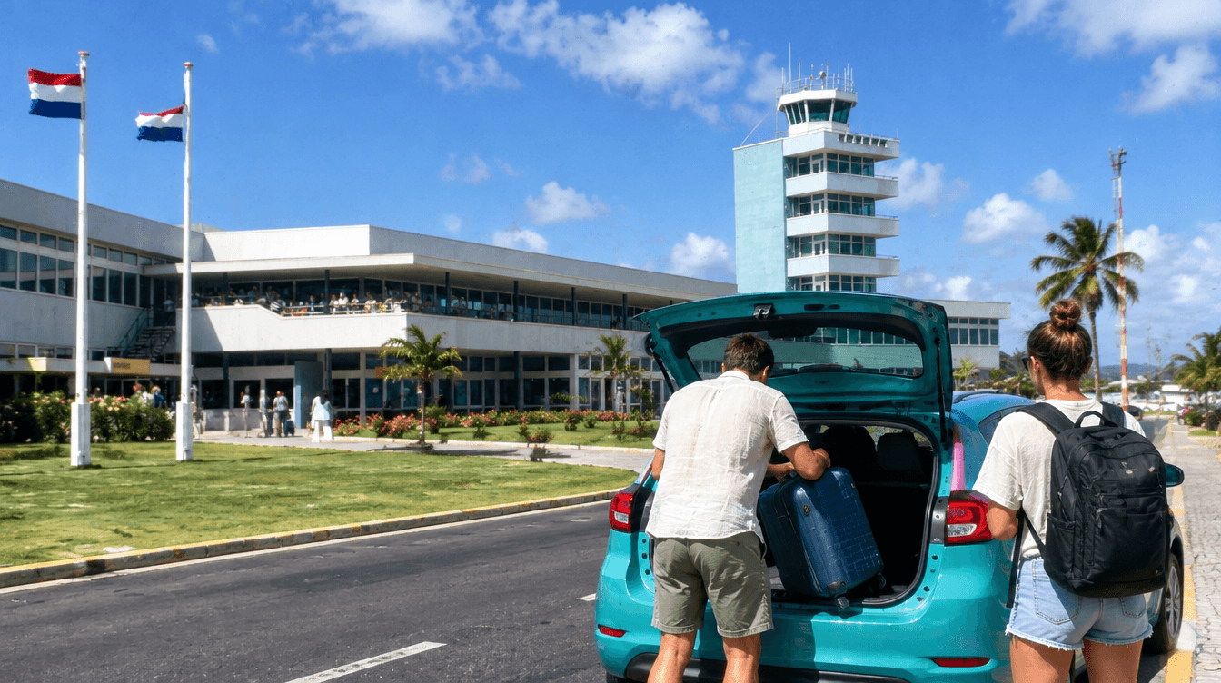 Reizigers laden koffers in een turquoise hatchback bij de aankomsthal van Queen Beatrix Airport op Aruba