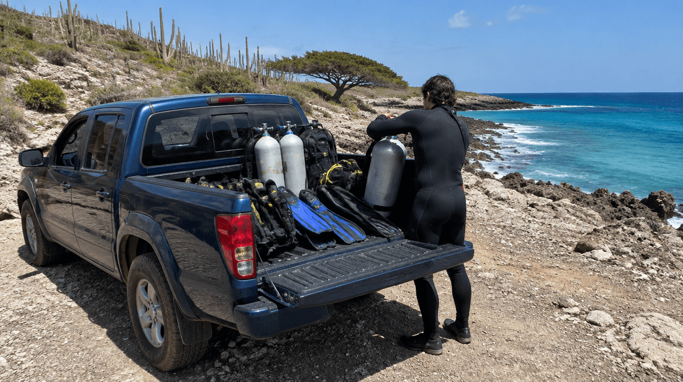 Nissan Frontier pickup bij een duikstek aan de westkust van CuraƧao
