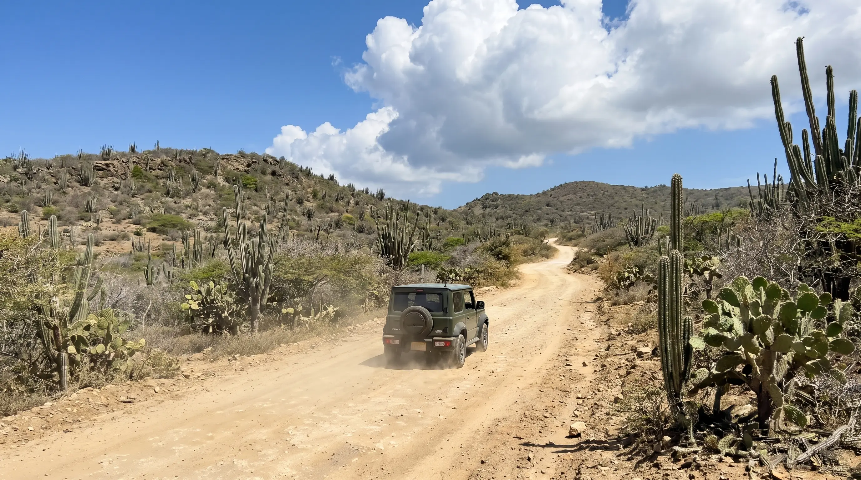 Dunkelgrüner Kompakt-SUV fährt auf unbefestigter Straße durch den Christoffelpark auf Curaçao