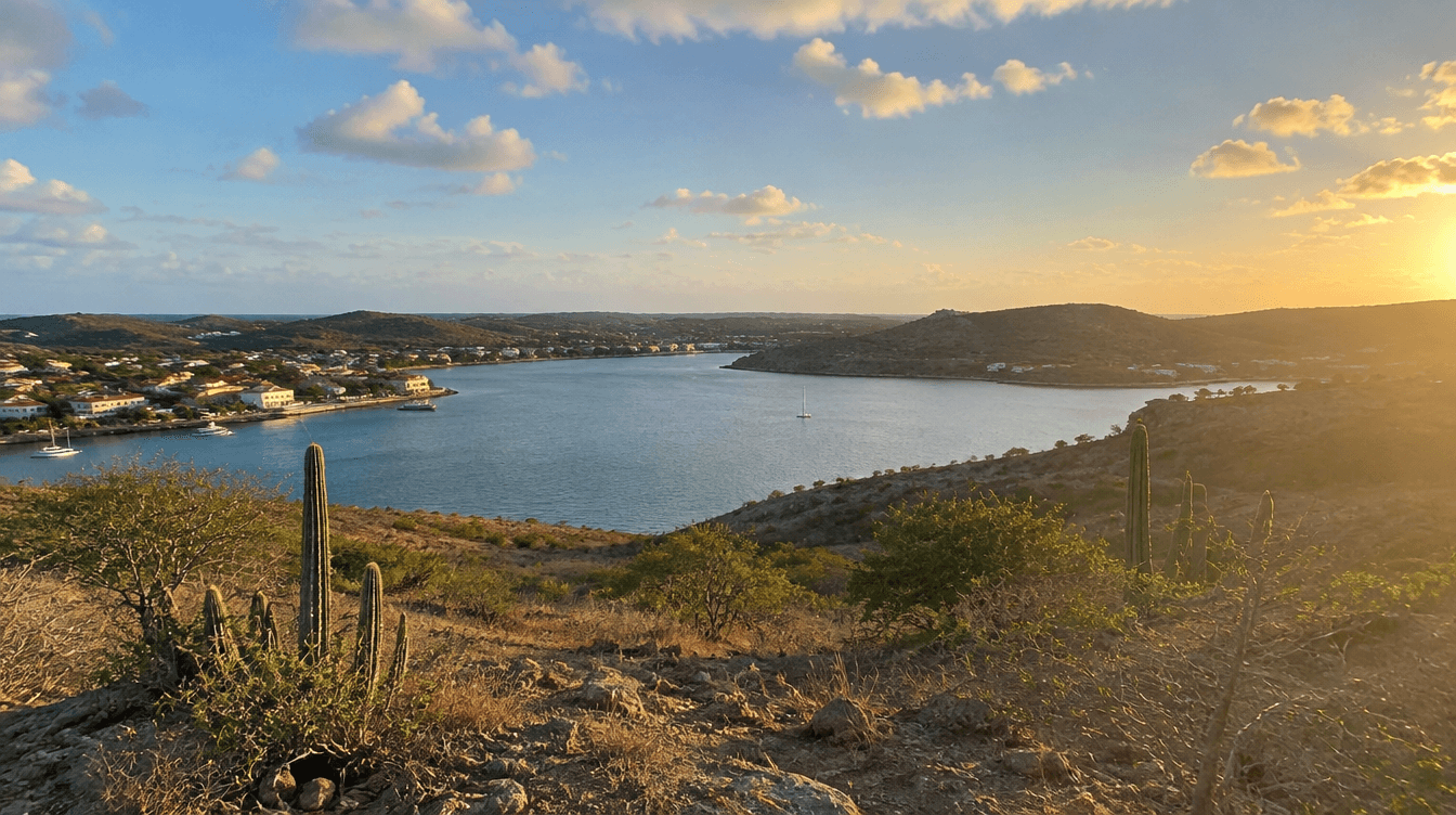 Panoramisch uitzicht over de binnenbaai van Santa Martha op CuraƧao vanaf een droge heuveltop met cactussen op de voorgrond