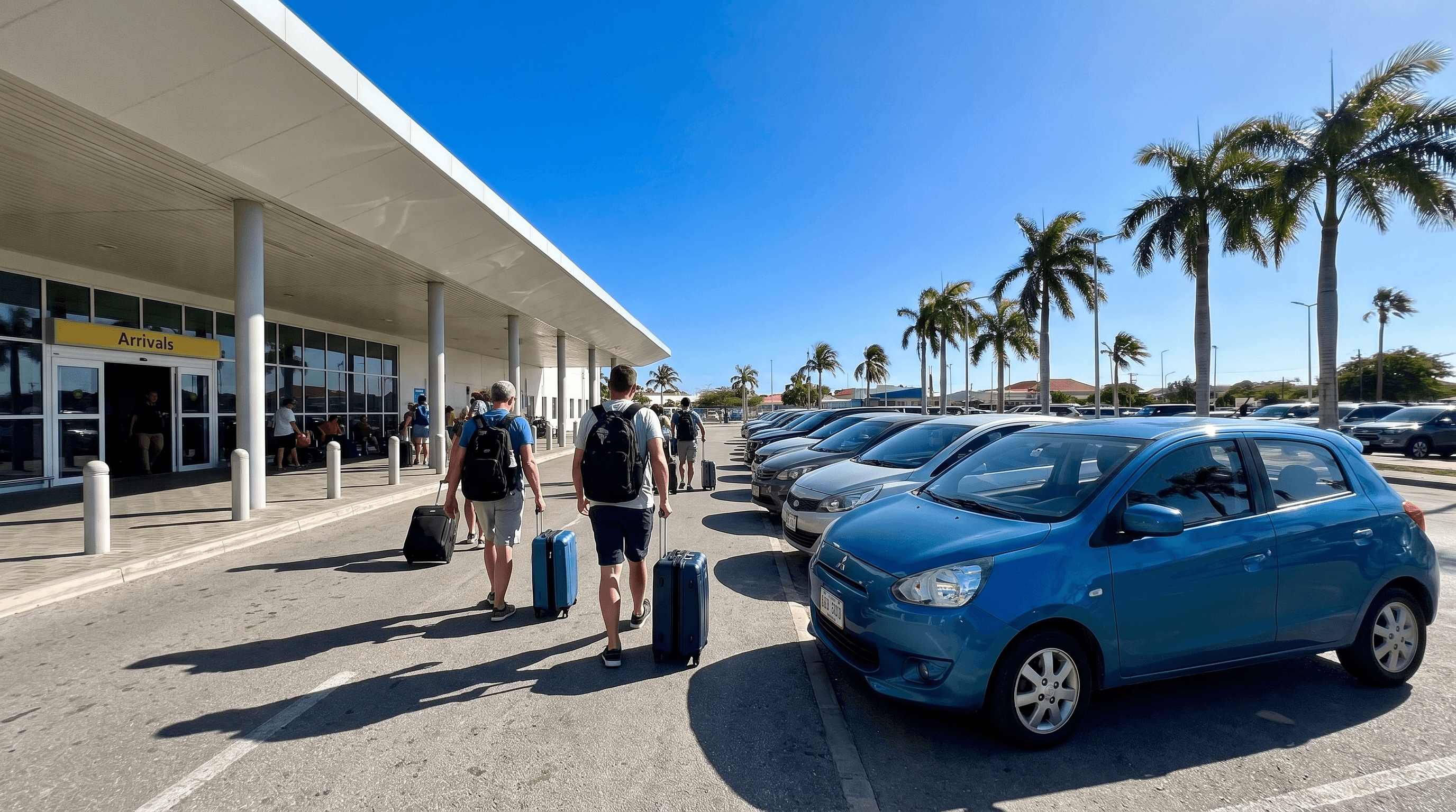 Reisende gehen mit Koffern am Queen Beatrix International Airport auf Aruba zu den Mietwagen