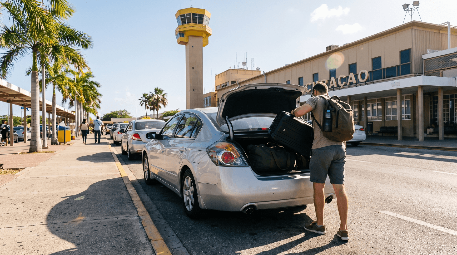 Reiziger laadt grote koffers in een zilveren huurauto bij de aankomsthal van Curaçao International Airport