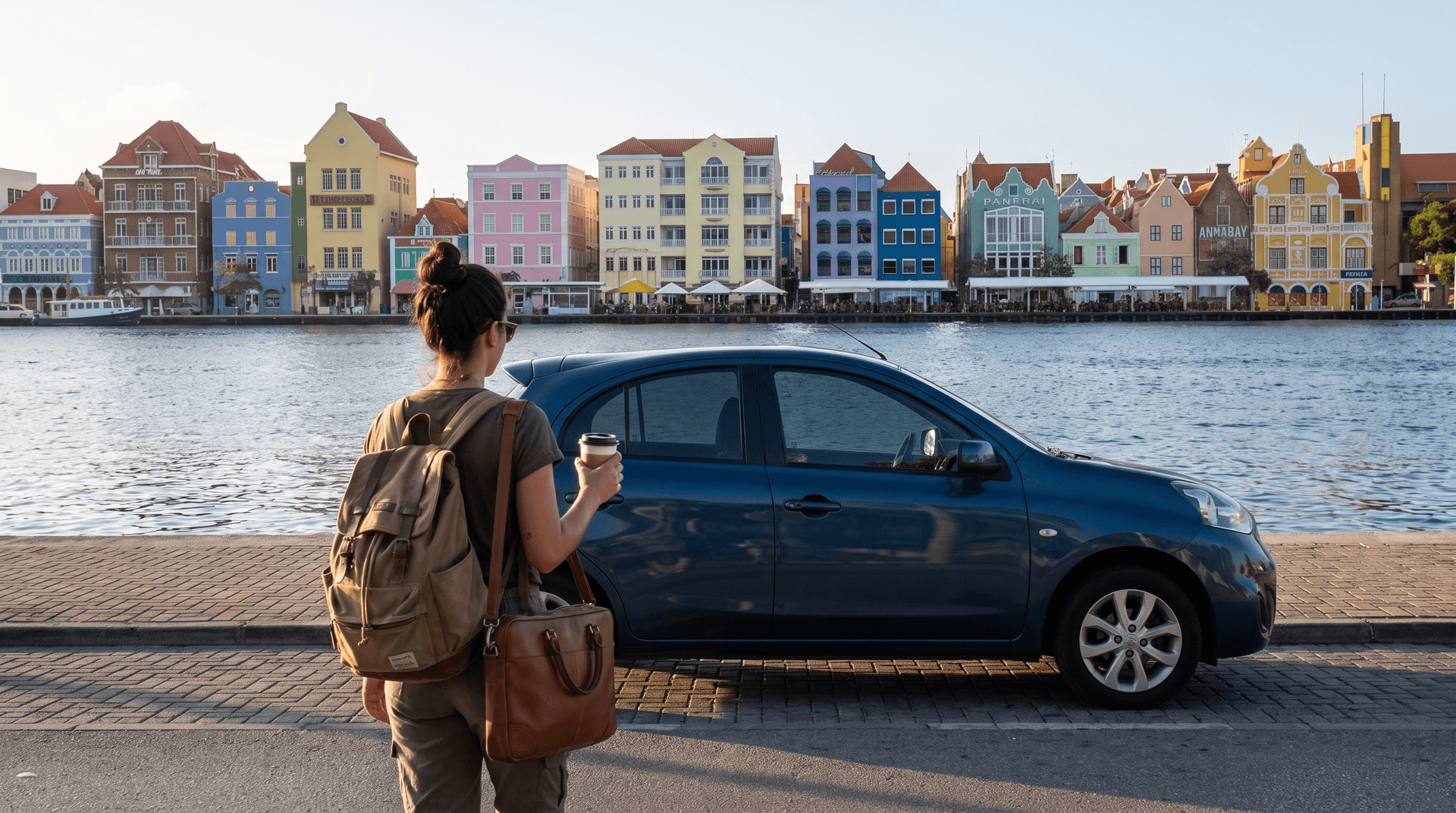Stagiaire met rugzak loopt naar een blauwe compacte huurauto aan de Handelskade in Willemstad, Curaçao