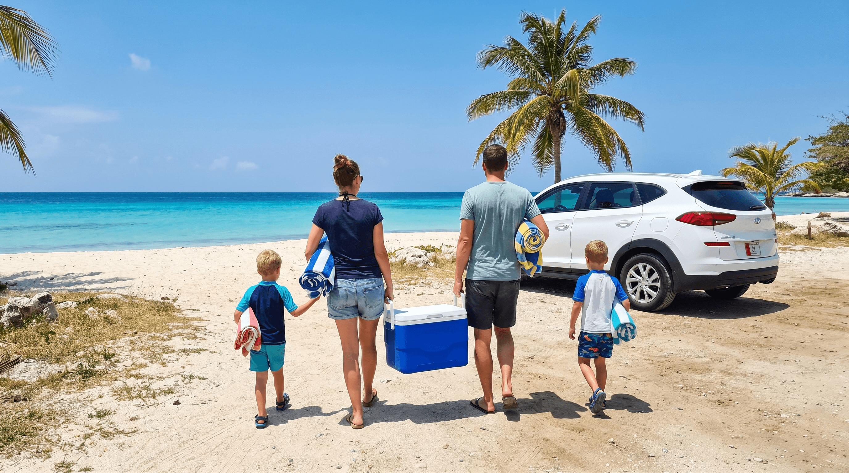 Família caminhando em direção a um SUV branco alugado perto de uma praia tranquila em Curaçao, carregando toalhas e uma caixa térmica