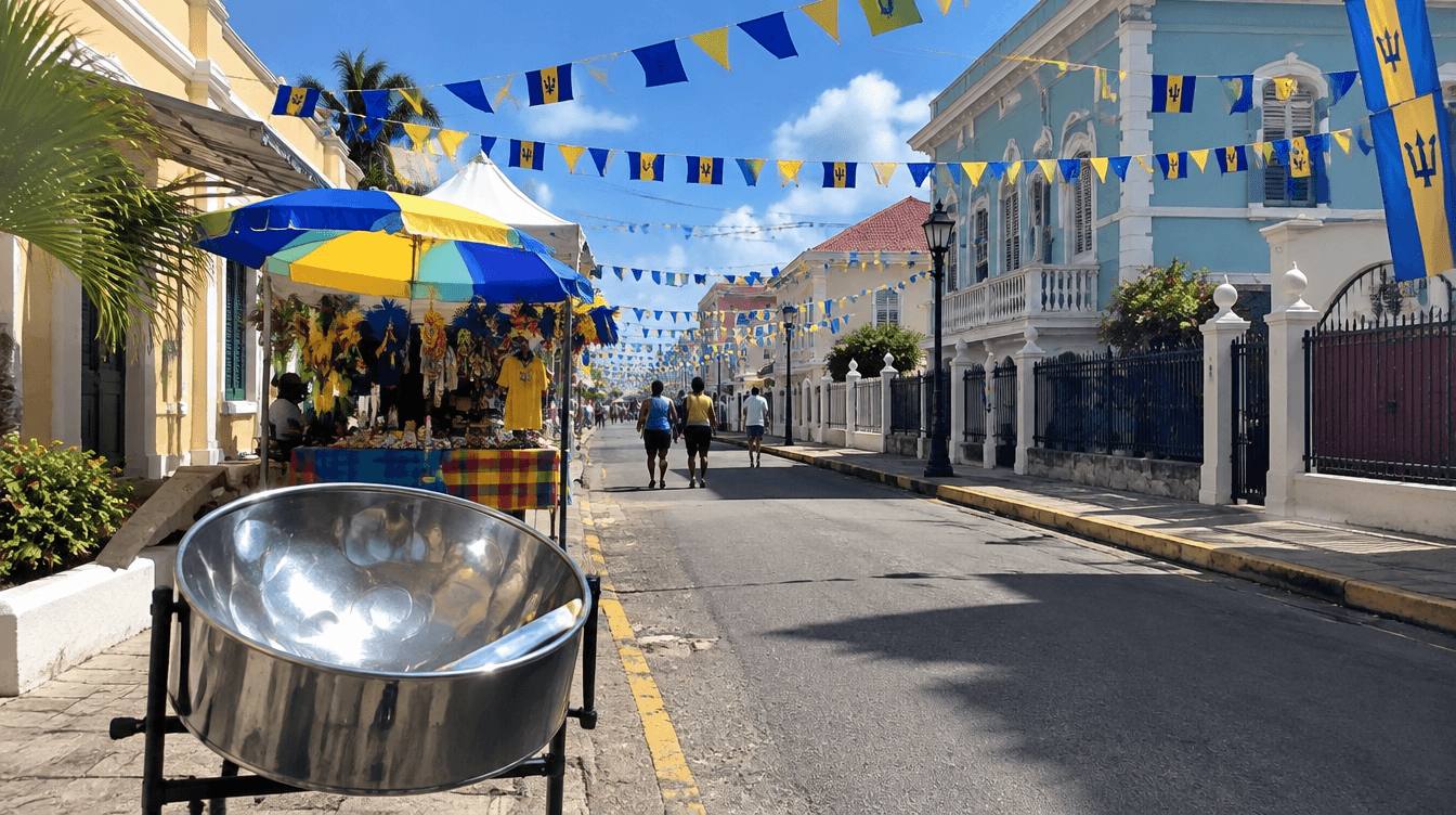 Bunting, flags and a steelpan drum on a sunlit street in Bridgetown during the Crop Over season